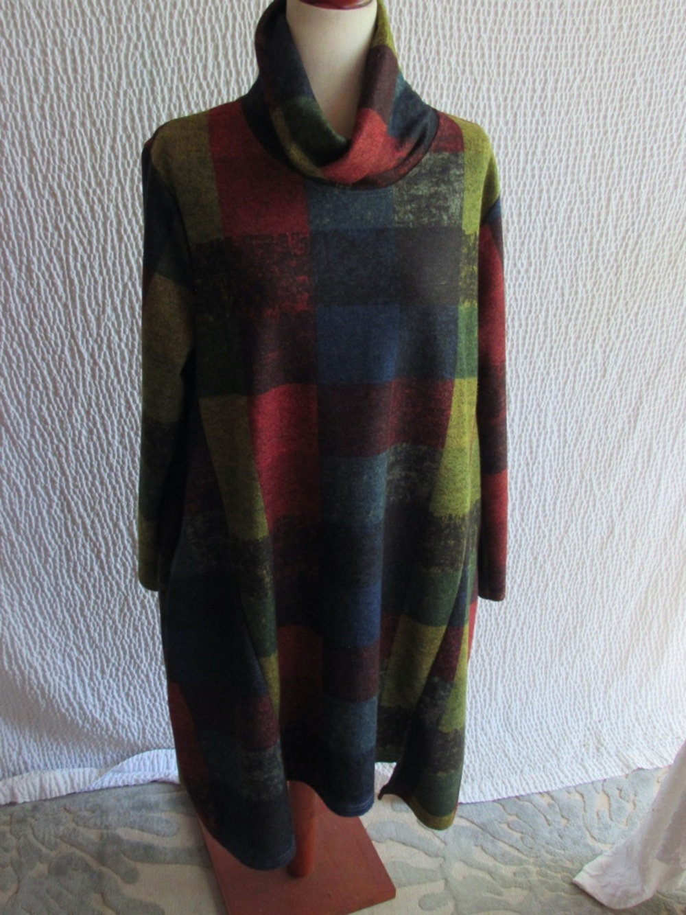 Cowl Neck Dress Women Size XL Multicolor Patchwork Plaid Pockets Yipinyichu 1X